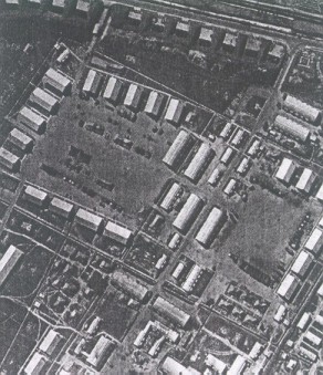 A photo taken by Edward Powles over Hainan Island showing a Chinese army barracks with servicemen on parade